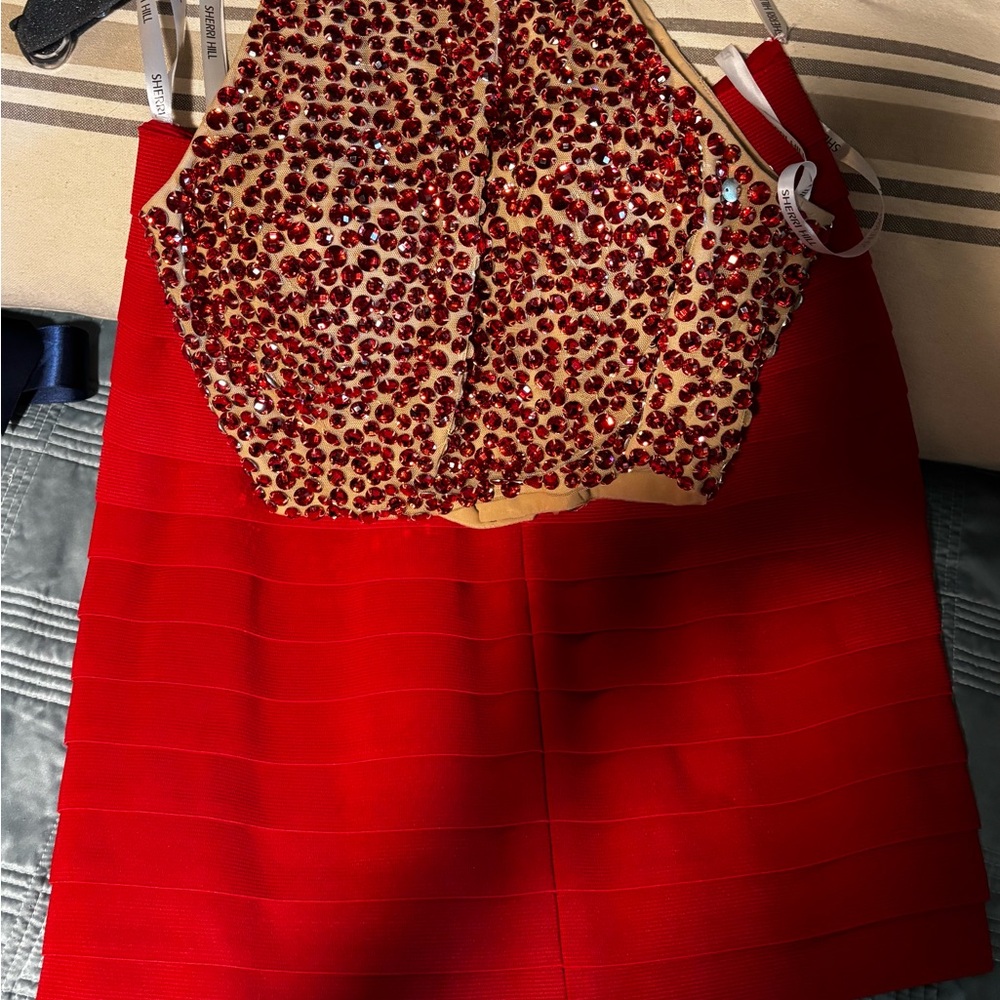 Sherri Hill Red and Champagne Gown with Ruby Details